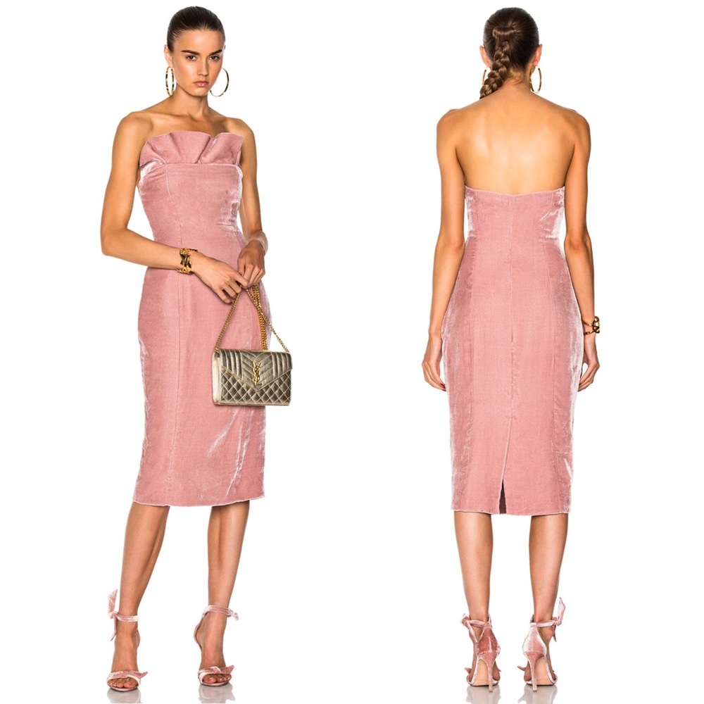 CINQ A SEPT Morceau Bustier Strapless Ruffle Velvet Dress in Mauve Pink